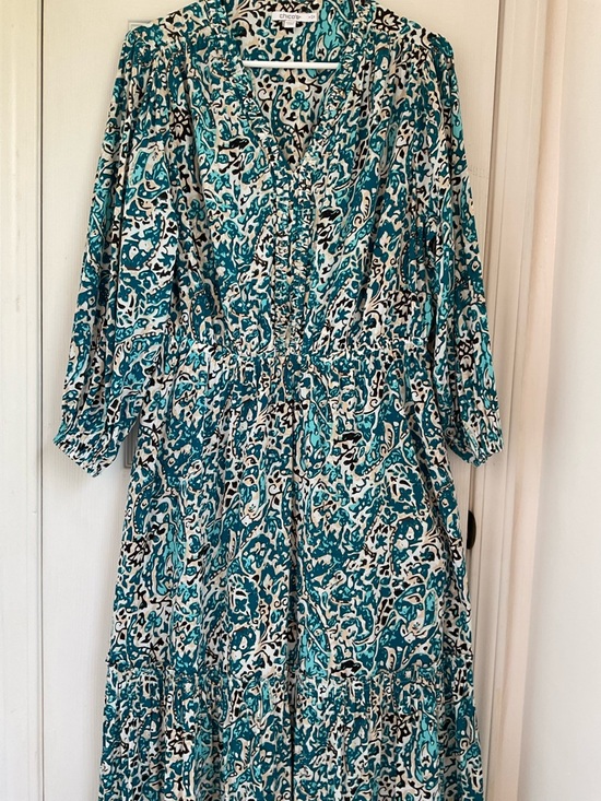 Chico's 3 Teal White Paisley Maxi Dress 24” by 50” v neck ruffle tiered travel - Picture 4 of 11